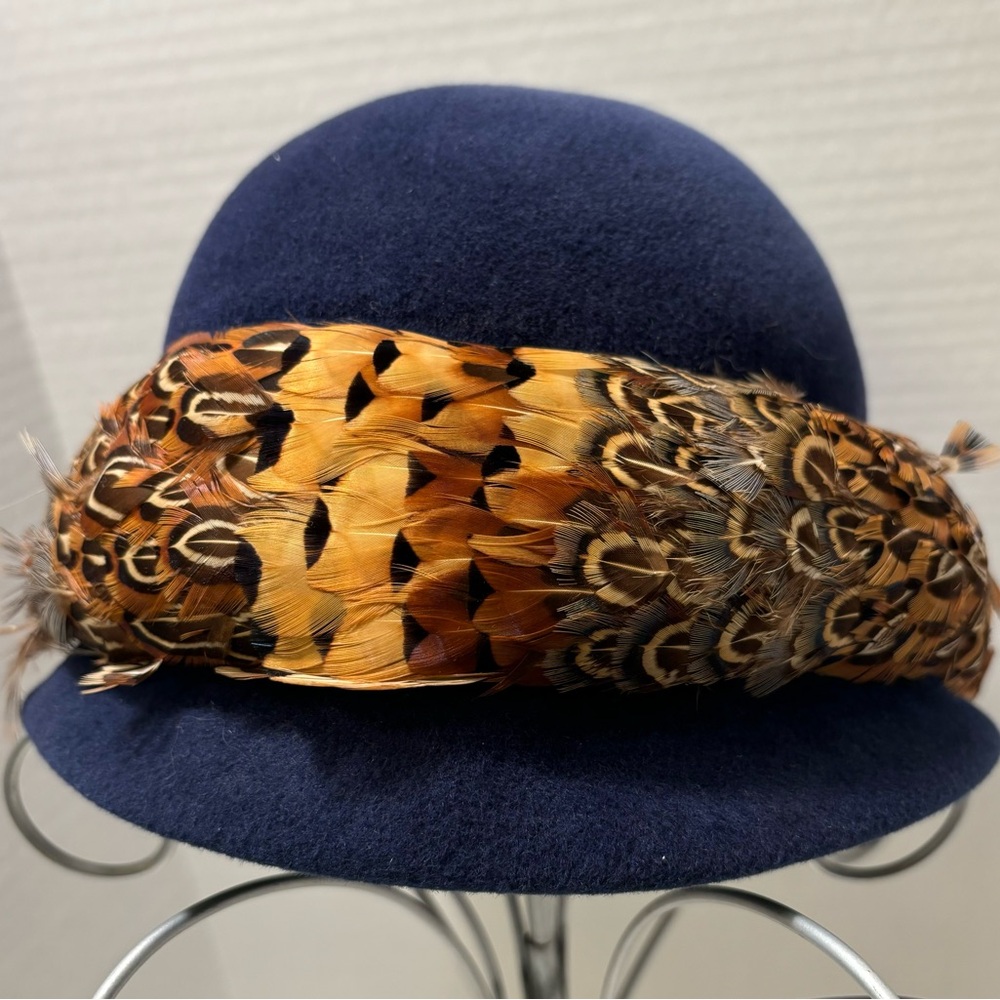 Adolpho II Vintage Blue Cloche with pheasant feather trim